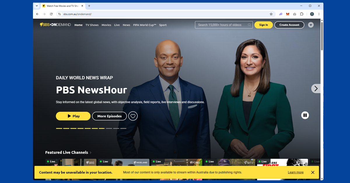 SBS On Demand content unavailable error shown in the UK without a VPN