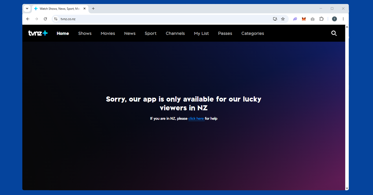 TVNZ+ error screen shown when trying to access the service from outside New Zealand