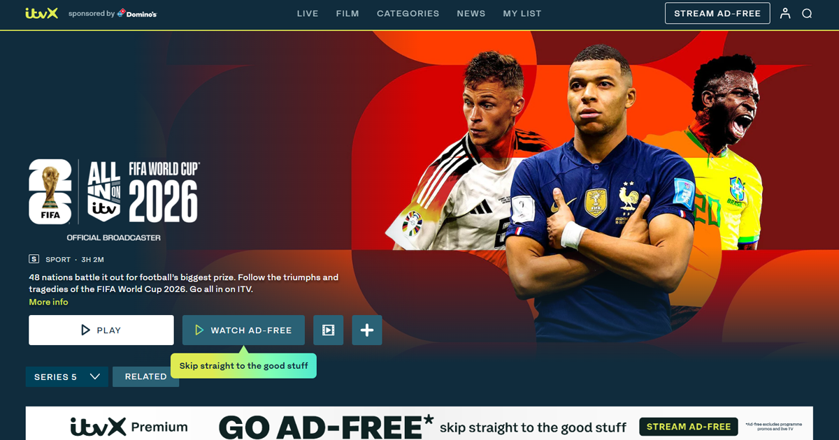 ITVX showing a 2026 World Cup match stream